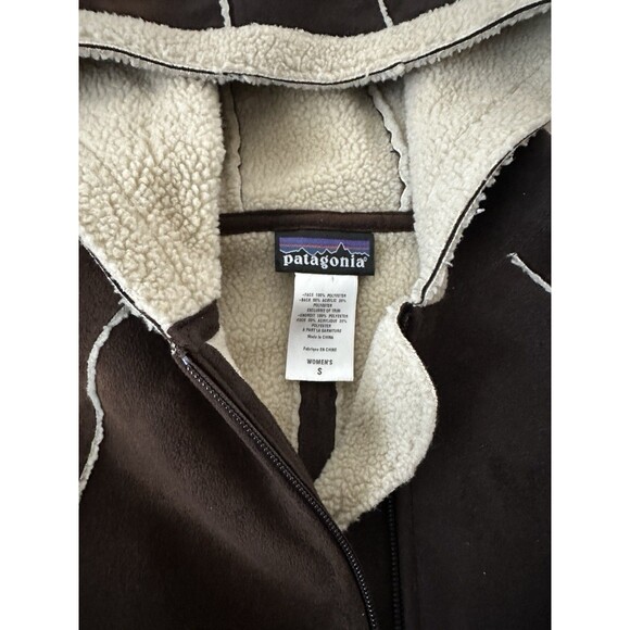 Patagonia Coat Small Faux Suede Sherpa Brown Vintage Retro Hooded Patch Pockets - Picture 2 of 6